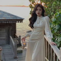 MOSAIRATION여성 가을 긴팔 이브닝 드레스 고급스러운 봄 모던 슬림핏 롱 원피스 기질 리본 드레스