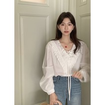 Banhany 플로라 레이스 프릴 리본 스트랩 코튼 블라우스