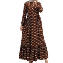 여자 무슬림 랜턴 슬리브 맥시 스윙 드레스 폴카 도트 버튼 주름 kaftan