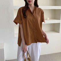 [바보사랑] 여자 V넥 반팔 박스핏 바스락 루즈 흰색 블라우스[옷자락]