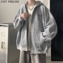 JUST FEEL!NG 레터링 베스트 맨투맨 봄 캐주얼 남성 심플 후드 집업 고급스러운 코트 오버핏 무지 후드티 자켓