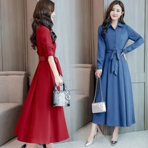 알리팡(Alipang) 여성 봄 가을 카라 린넨 원피스 긴소매 롱원피스 허리리본 플레어원피스 GW8429