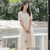여름 새 반팔 입체자수 리본 살구 드레스 데일리 도라지 원피스자