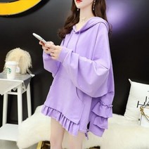 가을 여성 오버 사이즈 캐주얼 블랙 레이어 프릴 밑단 루즈 후드 티셔츠숄더 스플릿 사이드 레이스 업 풀오버