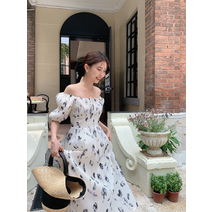 라비엘 오프숄더 스퀘어넥 요크 셔링 퍼프 플라워 여신 바캉스 쉬폰 원피스