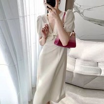 AMlisa 여름원피스 우아한 슬림핏 반팔 퍼프소매 브이넥 원피스 하객룩 정장룩 모임룩 롱 원피스