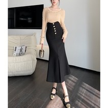 [이꾸띠] 임티브리 봄 가을 2040 여성 하이라이즈 단추 포인트 무니 앞트임 뒤 집업 2컬러 인어 스커트
