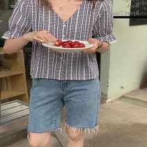 [바보사랑] 여자 반팔 브이넥 슬림핏 휴양지 체크 블라우스