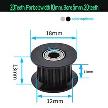 gt2 아이들러 타이밍 풀리 3d 프린터 부품용 베어링이 있는 3mm 또는 5mm 보어가 있는 16톱니 20톱 타이밍 벨트 6mm 10mm, 실버 색상, 20t w10 b5 gt2 t