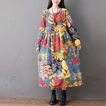 빅사이즈원피스 에스닉 무드 와이드 루즈핏 면린넨 플라워 프린팅 여성 봄 클래식 단아한 롱 737441935