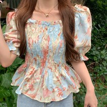 [M-4XL] PINKFUL 블라우스 반팔 여성 여름 플라워 꽃 오프숄더 스퀘어넥 허리 프릴 어깨 퍼프 플리츠 숏 쇼트 러블리 빅사이즈 오버사이즈 상의 캐주얼 패션 데일리