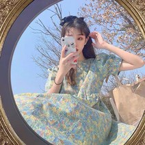 데일리드레스 롱 라운드넥 반팔 여성 꽃무늬원피스 퍼프 A라인 데일리룩 데이지 루즈핏 봄코디 빈티지