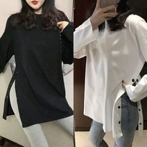 옆트임 포인트 단추 오버핏 루즈핏 박시 롱티 원피스 데일리 레깅스코디 이너 차르르 찰랑