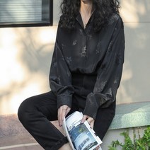 몬드스팟 빈티지 광택 꽃무늬 셔츠 블라우스 블랙 M DM195_6