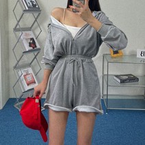 메이블 / 간절기 꾸안꾸 긴팔 반바지 후드 점프수트 2color