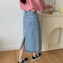 베이직마켓 데님 슬릿 A라인 미디 롱스커트