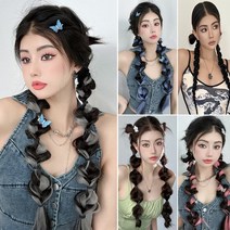 유니크 투톤 땋은머리가발 고열사 포니테일 헤어피스 양갈래 브릿지포인트 6종 70cm, A타입 블랙 애쉬그레이