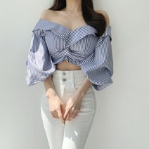 여자 오프숄더 스트라이프 퍼프소매 꼬임 크롭셔츠 크롭남방 바캉스 뒷지퍼 레이어드탑