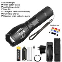 저스트앳 LED 손전등 휴대용 램프 XML-T6 플래시 라이트 토치 충전식 배터리 야외 캠핑 전술, F Packing, 러시아, Black