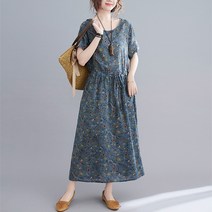 Yanda 여름 프린트 빅사이즈 린넨 롱원피스 반팔 허리