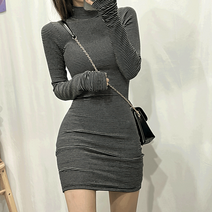 레미 스트라이프 단가라 쫀쫀 스판 슬림핏 반목 반폴라 워머 미니 원피스 (3 color)
