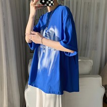 빈티지 스트릿 복고풍 반팔 티셔츠 내셔널 반팔 티셔츠 남성 여름 커플 아메리칸 인 타이드 일본면 오버핏 복고풍 옷 블루
