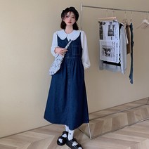 청멜빵원피스 빅사이즈 여성의류 가을 프렌치 플랫카라 시크 와이셔츠 뚱뚱한 슬림핏 데님 원피스코디세트 2474131178