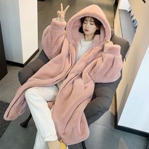 인조밍크 지퍼형 루즈핏 후드 롱 페이크퍼코트