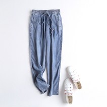 청바지 여름 얇은 이지 텐셀 여성 에어매쉬 찰랑찰랑 키커 보이는 스트랩 배기 9부바지 327209154