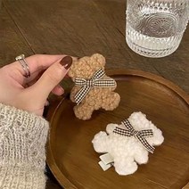 [2개한세트]﻿샤방 체크리본을 맨 뽀글이양털 곰돌이 집게핀세트 HP-1022