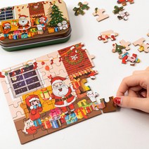 [문구티쳐] 민화샵 크리스마스 틴케이스 퍼즐 60pcs 3종 (휴대용퍼즐 레드학교/블루마을/그린우리집), 민화 크리스마스 틴케이스 퍼즐_레드학교