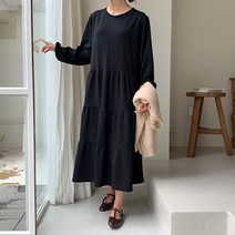로로텐 플레어 캉캉 롱 원피스 스판 무지 라운드넥 빅사이즈