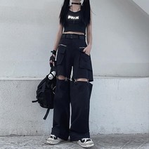 Deeptown 고딕 Techwear Emo 블랙 카고 바지 여성 펑크 오버 사이즈 할로우 아웃 와이드 레그 포켓 바지 여