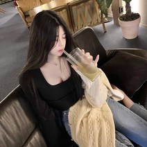 스판 여리 스퀘어넥 크롭 긴팔티셔츠 슬림핏 랍빠 셔링 퍼프 데일리 티