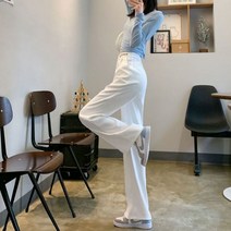 화이트블루 유체 여름 여성 정장 바지 2023 여성용 바지 스트레이트 팔라 조 스 실크 와이드 레그 화이트 드레스 바지 캐주얼 탄성