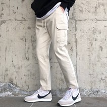일자 컷팅 카고 밴딩팬츠 남자 봄 가을 스판 면바지 작업복바지 남성 슬림핏 크림진 크림색