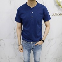아도르클래식 반오픈 3버튼 차이나 헨리넥 여름 면 반팔티