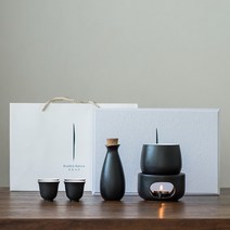 일본 정종 사케 도쿠리 세트 집들이선물 혼술 술잔 주기 홈파티 신혼부부 청주 워머 일본술, 4컵+술주전자+온주캔+작은 화로(검은색)