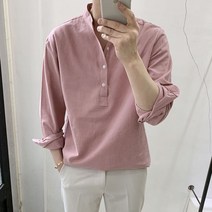 라운지21 루즈핏 반오픈 린넨 헨리넥 셔츠