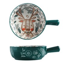 손잡이가있는 북유럽 세라믹 그릇 아침 식사 국수 그릇 숲 숲 동물 디자인 디저트 수프 그릇, 고라니