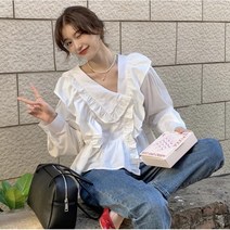 퍼스트믹스 피버 프릴 브이넥 코튼 셔링 블라우스