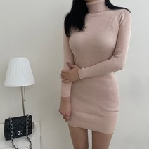 VANANA2 여성 쫀쫀 스판 골지 니트 터틀넥 목폴라 미니 글램핏 원피스
