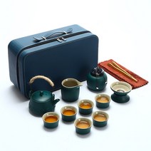 햇살이 돋다 휴대용 다도 세트 여행용 캠핑용 다기 세트 도자기 전통 찻잔 세트, 다크그린+핸들+다크블루백