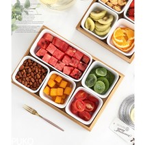 룰루홈 도자기 나눔 접시 우드 트레이 칸칸 식기 브런치 반찬 그릇, 정사각6