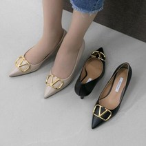 서우뿐 / 성수동 수제화 소가죽 금장 V 장식 펌프스 미들힐 5cm