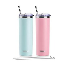 koodee 빨대 달린 591 5ml(20온스) 스키니 텀블러 스테인리스 스틸 이중벽 단열 슬림 여성 남성용 DIY 생일 선물 (퍼플) 미국직송, 2 Count (Pack of 1), 베이비 블루-핑크