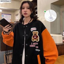 YAPOGI 여자 봄 야구복 간절기아우터 캐주얼 베이스볼 유니폼 재킷 야구점퍼 곰돌이 자수 루즈핏 남녀 커플