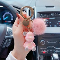 창의 도자기 장식 다이아몬드 전기 도금 곰 자동차 열쇠고리 귀엽다 밍크 털 폭력 곰 가방 걸이 작은 선물, 핑크/핑크
