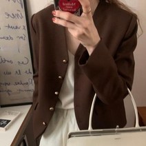 메탈버튼 세미자켓 노카라 긴팔 봄 루즈핏 기본 재킷 브라운 여자 여성