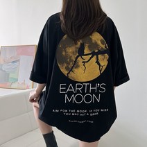 (국내제작/면/빅사이즈) 남여공용 오버핏 문 자수 검은고양이 빅프린팅 반팔티 3color